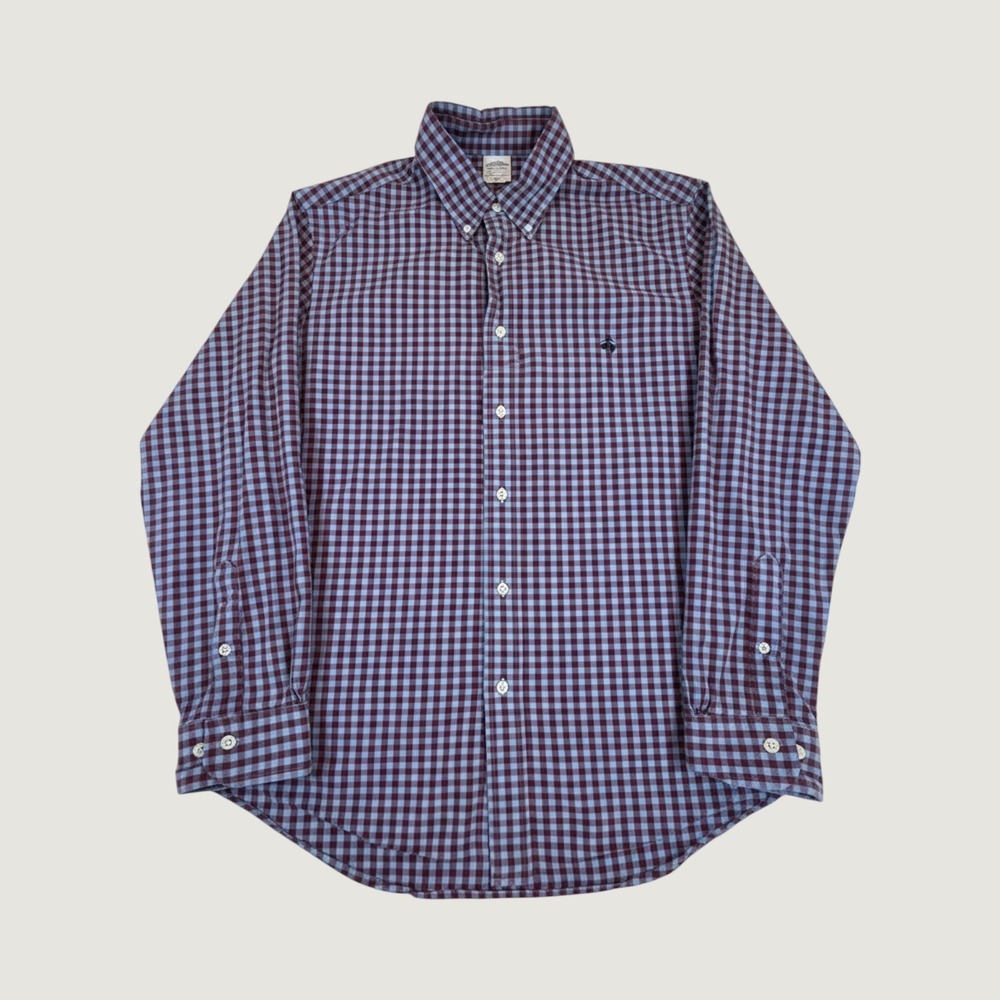 Brooks Brothers Shirt EST 1818 Mens L Check Purple Dress Button Down Logo
